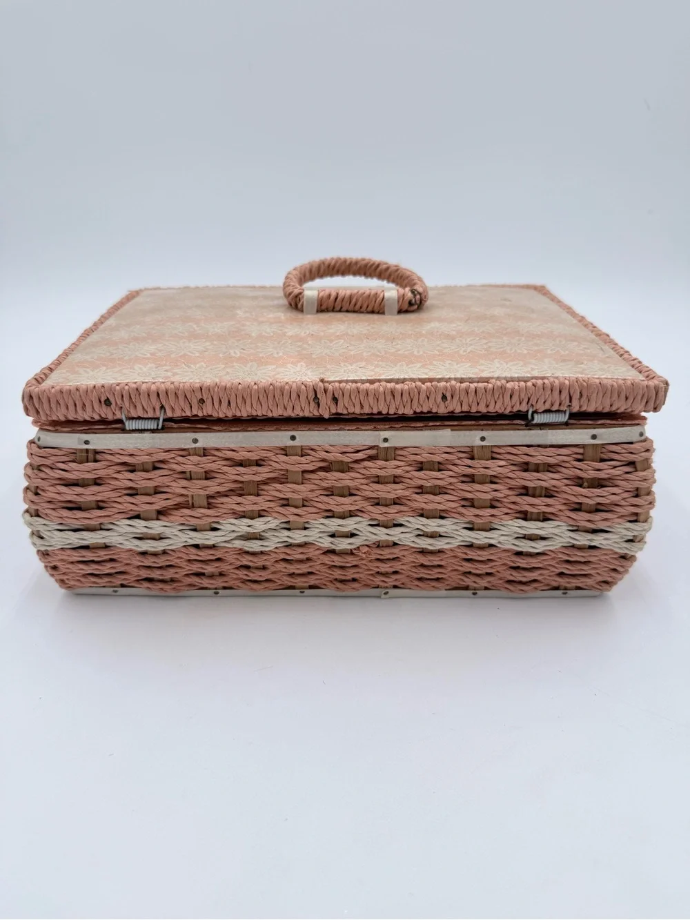Vintage Dritz Pink Floral Woven Wicker Sewing Basket Pin Cushion W/ Supplies